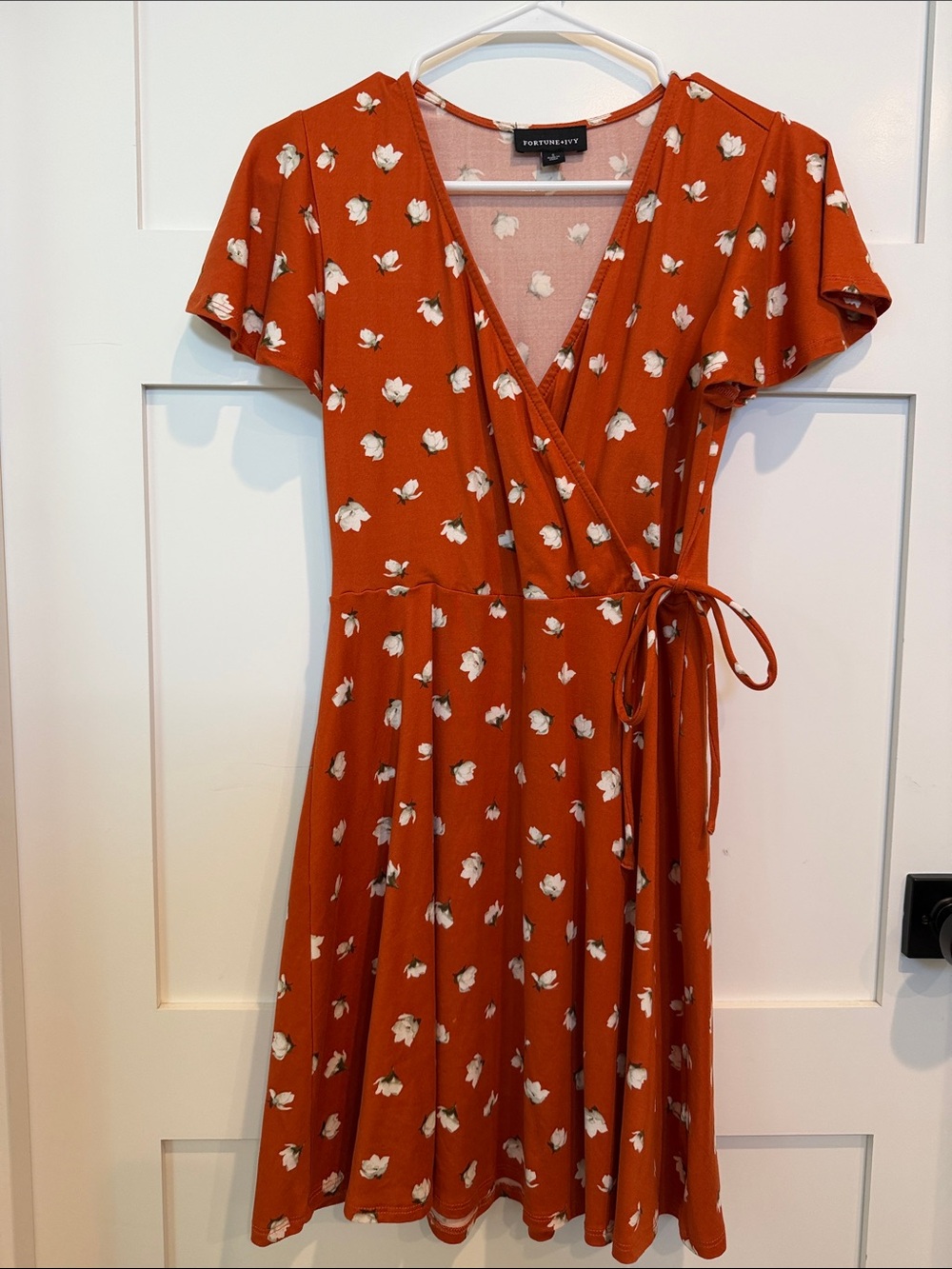 Women's Rust Orange Floral Wrap Midi Dress with Tie Waist